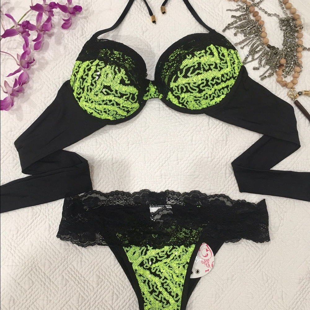 BEACH BUNNY Mystic Shine Neon Sequin Padded Top Lace Scrunch Bottom Bikini Set M